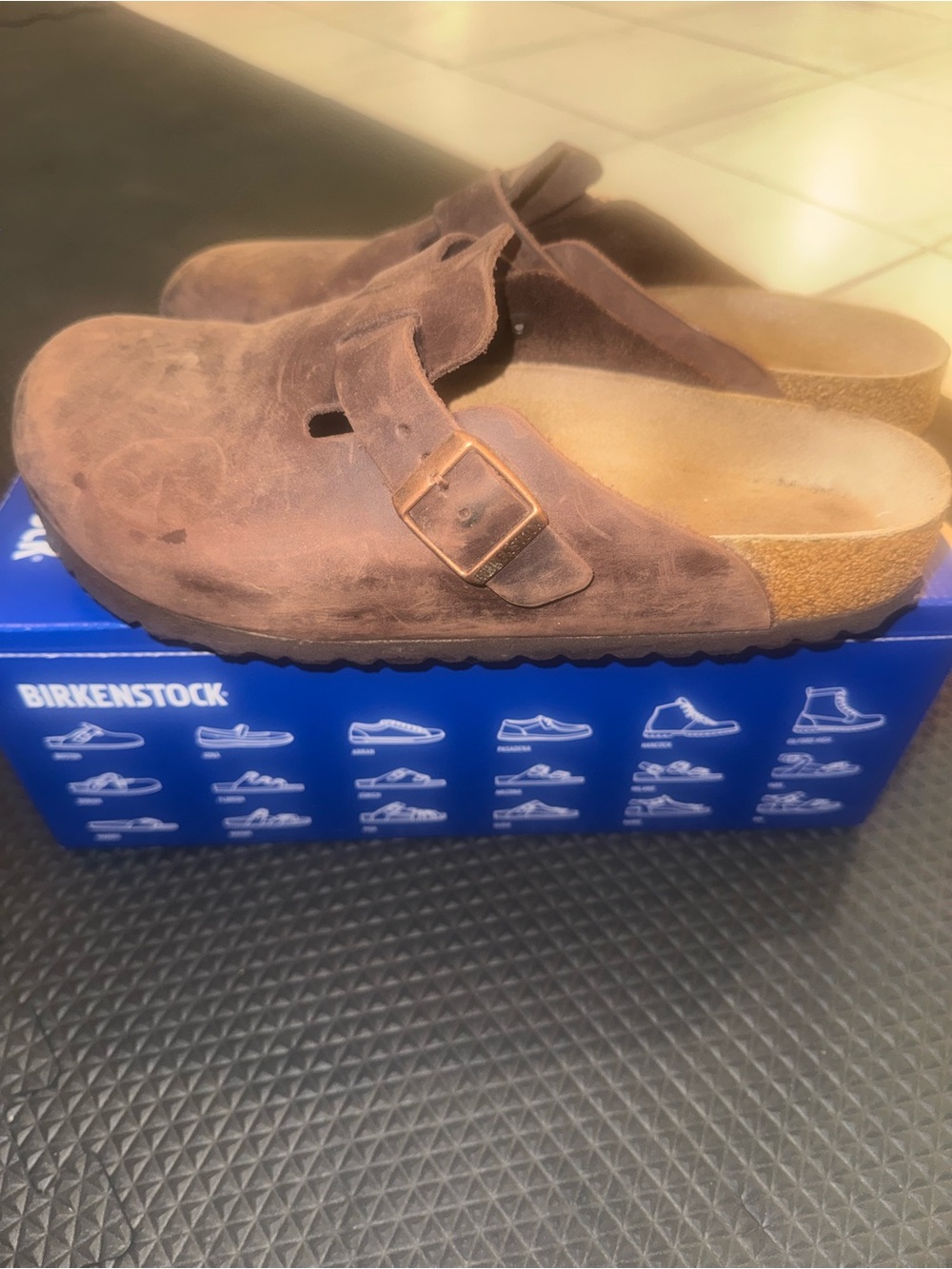 Birkenstock - gently worn Boston, soft footbed in oiled leather iron.